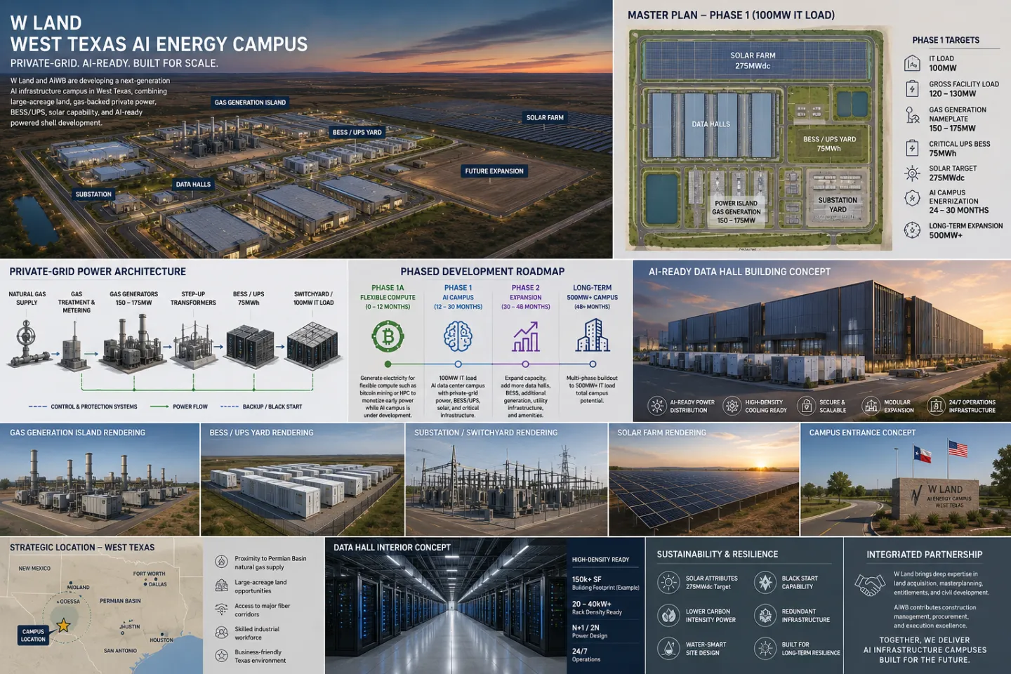 Conceptual rendering of W Land's West Texas private-grid AI data center energy campus, showing data halls, gas generation island, BESS/UPS yard, substation, and solar farm.